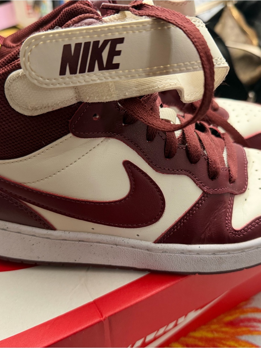 Nike Maroon and White High-Top Sneakers with Strap